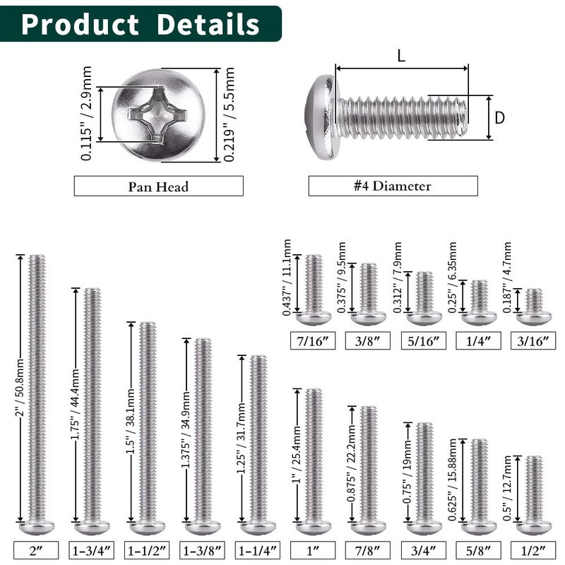 EASTLO #4-40 x 1/4" Pan Head Machine Screw, Phillips Drive, 304 Stainless Steel 18-8, Bright Finish, Fully Machine Thread, 100 Pcs - Image 4